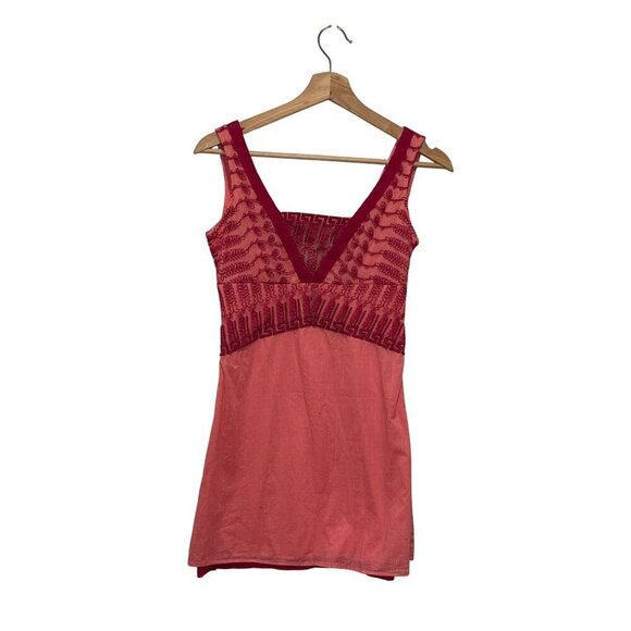 Free People Tunic Dress Women 8  Pink Embroidered Boho Y2K V-Neck Cotton/Nylon - Picture 1 of 7